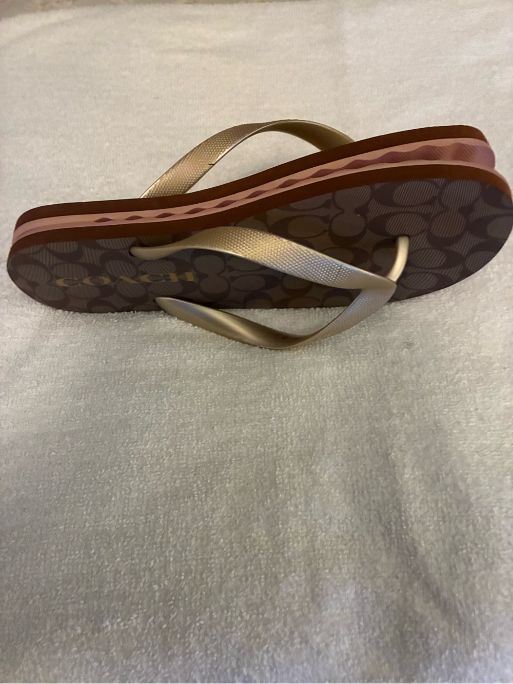 Coach Natalee/Zak Signature Monogram Brown Gold Flip Flops with Gold Straps - Picture 3 of 5